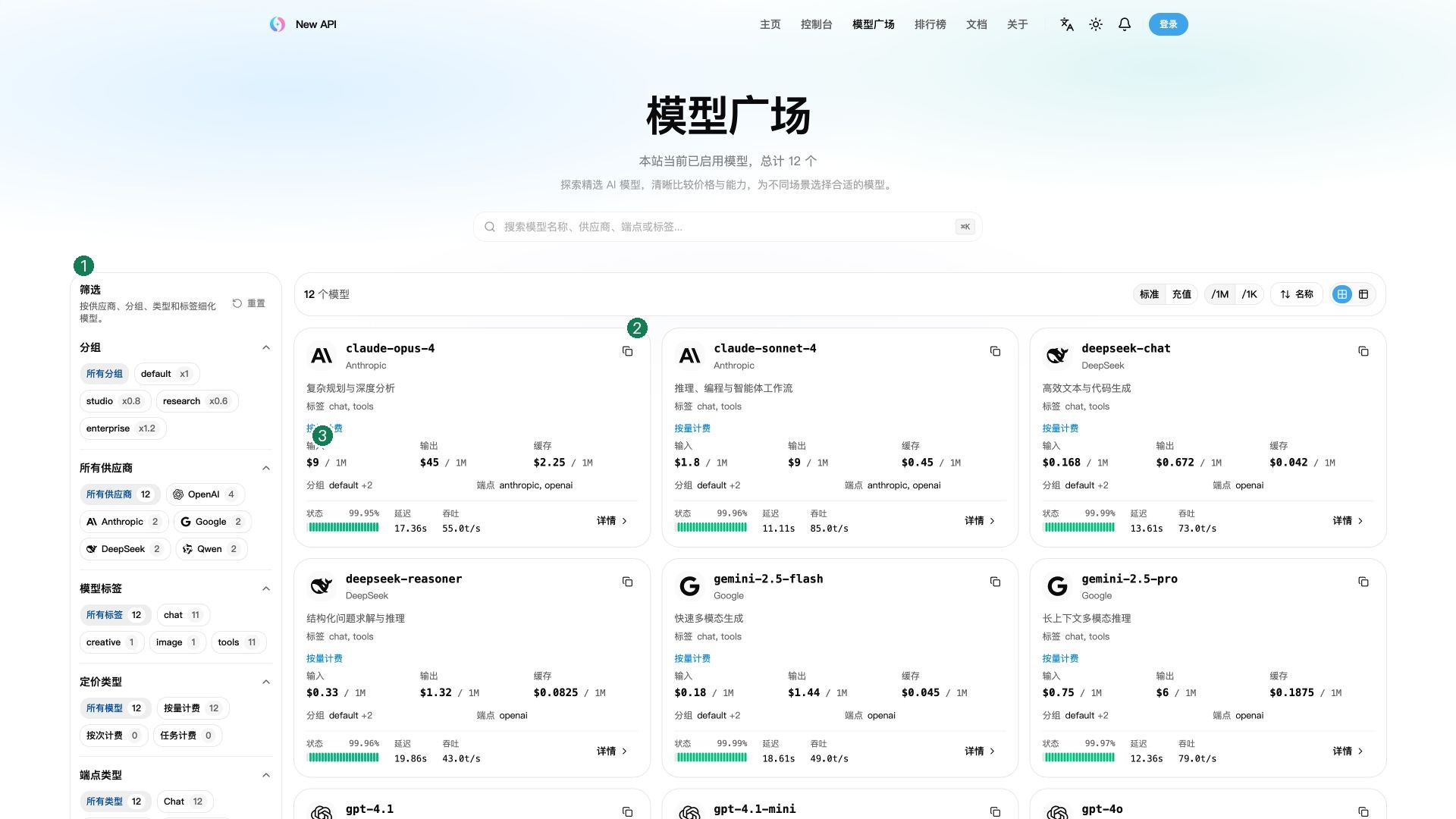 New API 模型广场示例，展示筛选、模型 ID、价格与接口信息